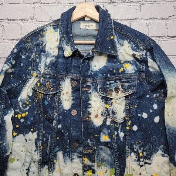 FRWD Denim Blue White Splattered Paint Jean Jacket Size M